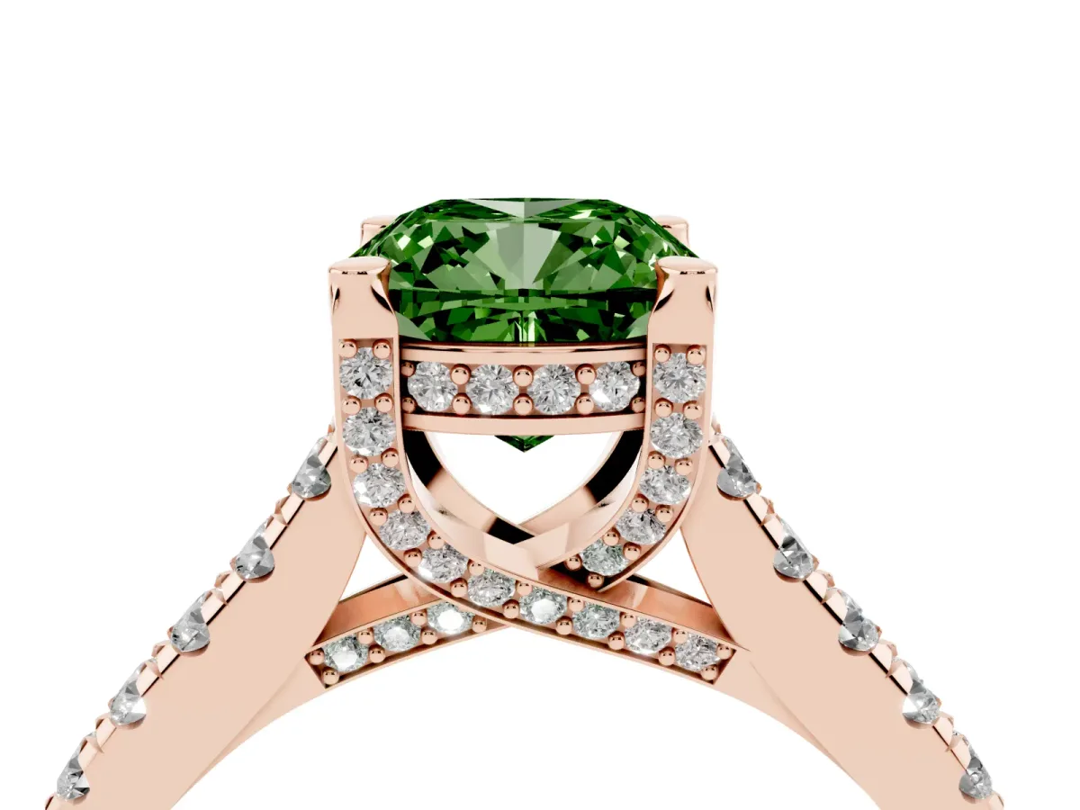 Fancy Green Cushion Cut Brilliant Diamond Solitaire with Pavé Band and Four-Prong Setting Rose gold