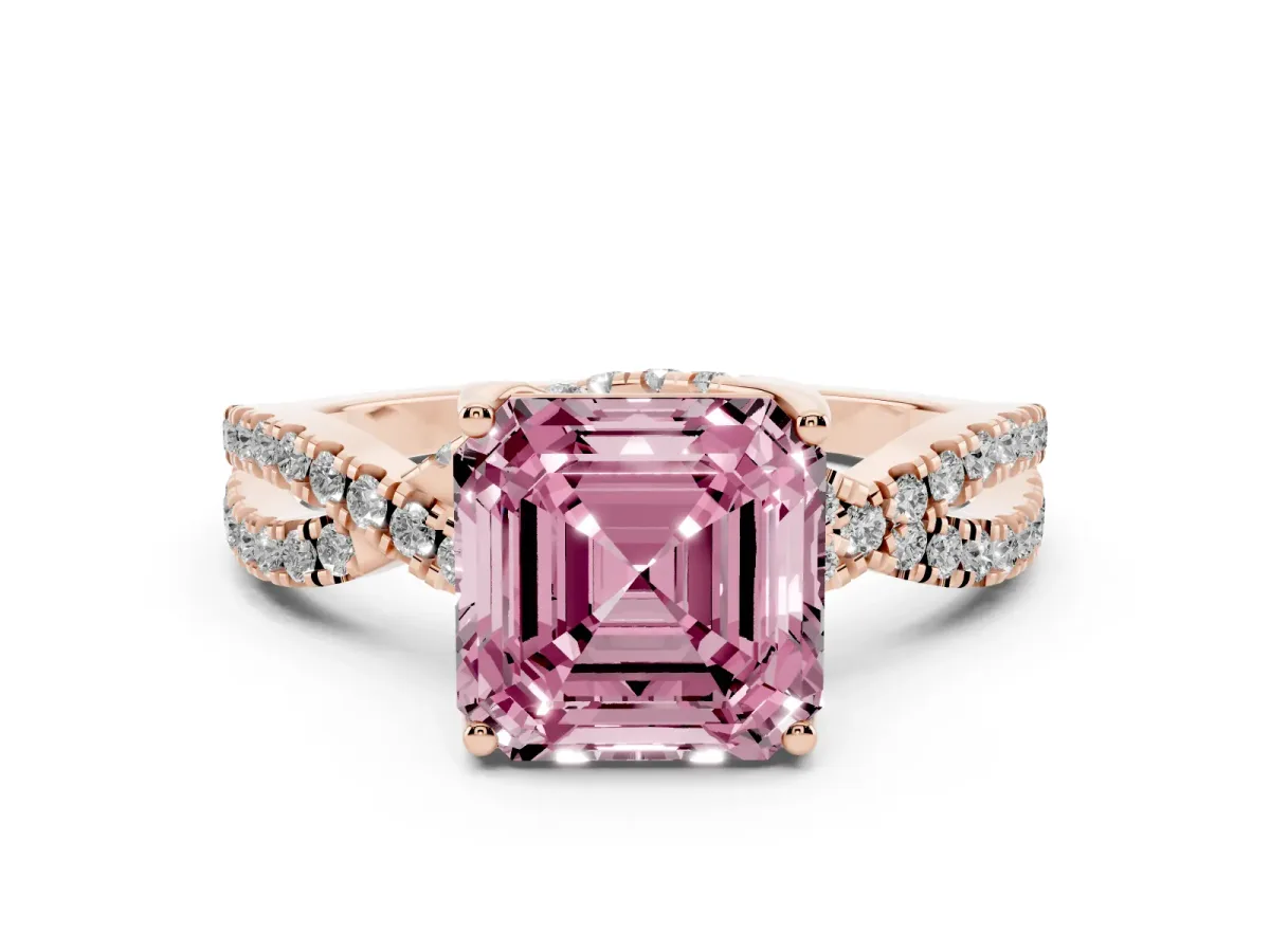 Fancy Pink Asscher Cut Solitaire Twist Pave Diamond Engagement Ring with Prong Setting Rose gold
