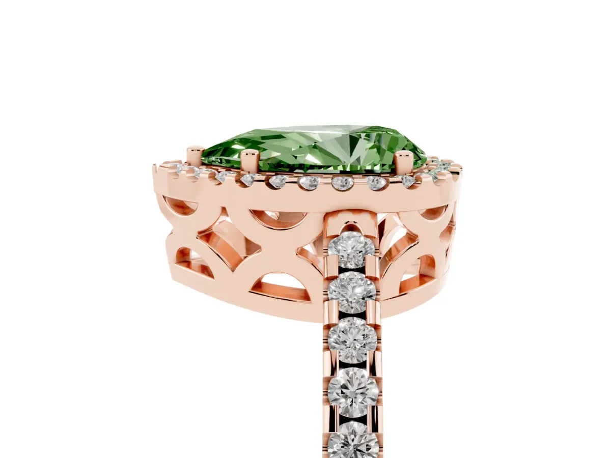 Fancy Green Pear Cut Diamond Halo Engagement Ring with Pavé Band and Prong Setting Rose gold
