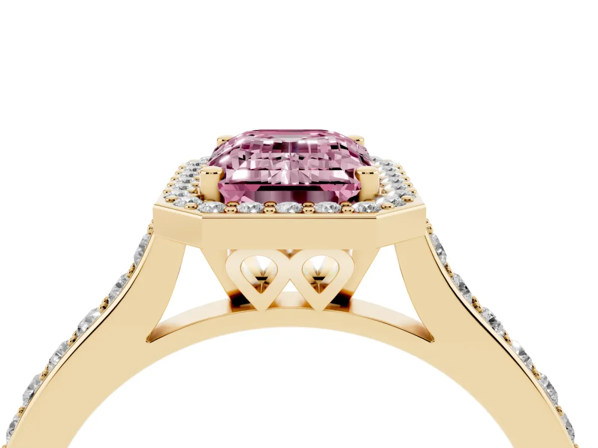 Fancy Pink Emerald Cut Diamond Halo Engagement Ring with Round Pavé Shoulders and Prong Setting Yellow gold
