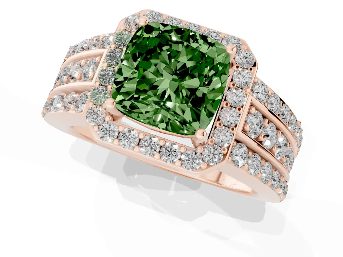 Fancy Green Cushion Cut Halo Diamond Ring with Round Split Shank and Prong Setting Rose gold