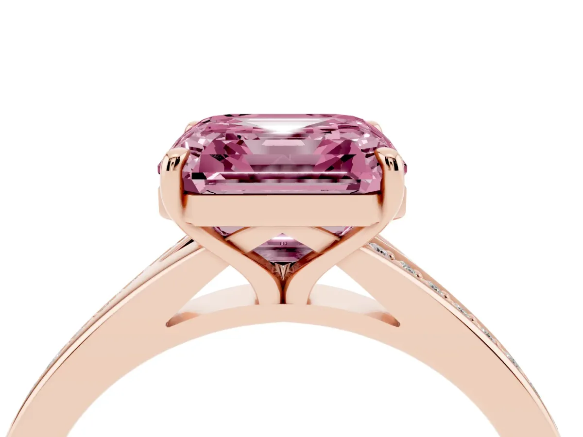 Fancy Pink Asscher Cut Diamond Solitaire Ring with Pavé Band and Prong Setting Rose gold