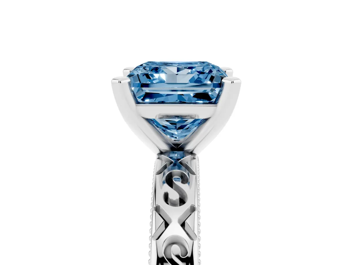 Fancy Blue Princess Cut Solitaire Engagement Ring with Scrollwork Band and Four-Prong Setting Silver