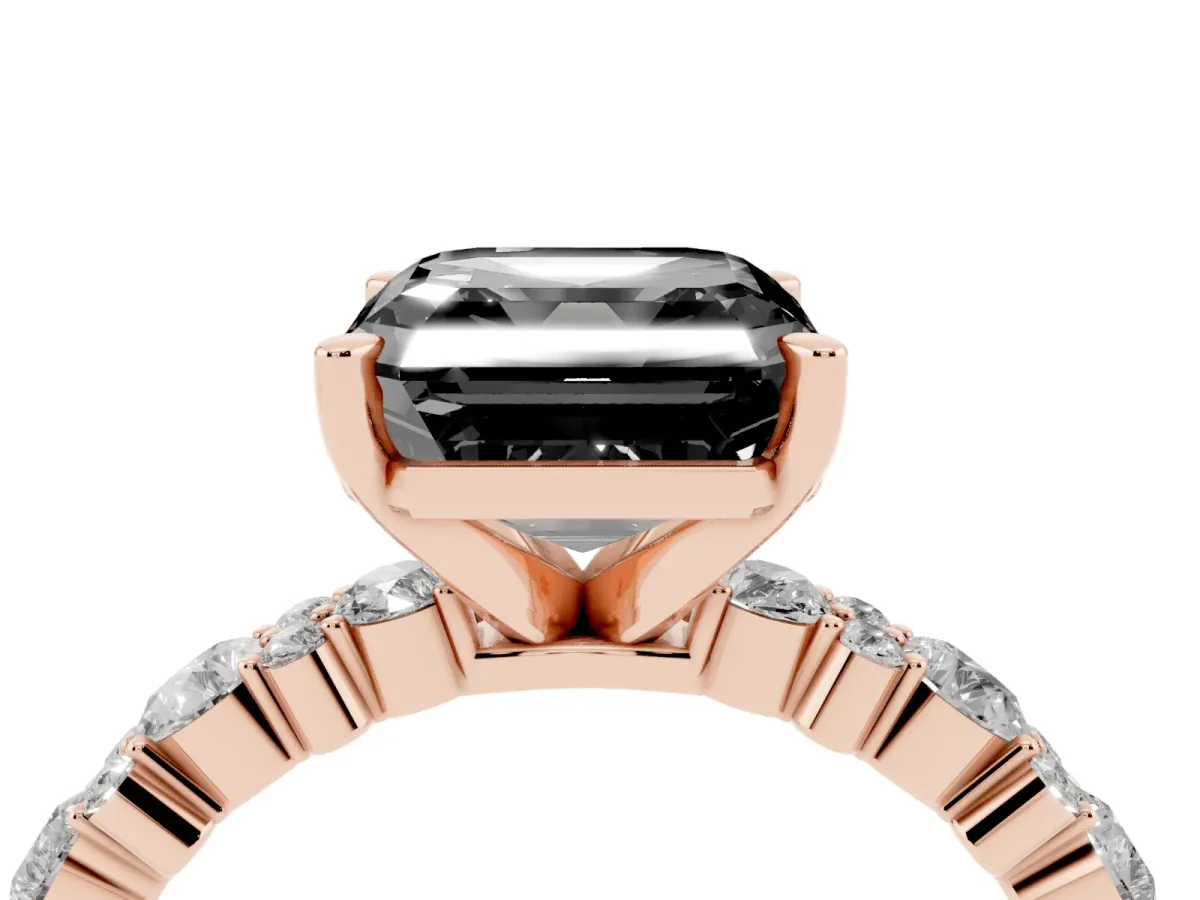 Fancy Black Asscher Cut Diamond Side Stone Solitaire Ring with Round and Four-Prong Setting Rose gold