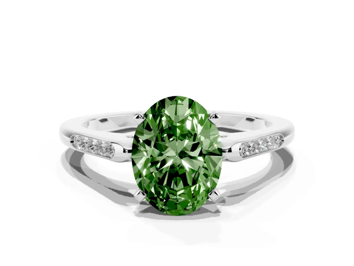 Fancy Green Oval Cut Diamond Solitaire Ring with Channel Set Round Band and Prong Setting Silver