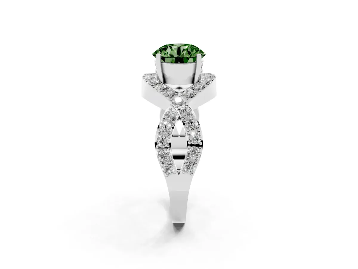 Fancy Green Round Cut Solitaire Twist Band Pavé Diamond Engagement Ring Silver