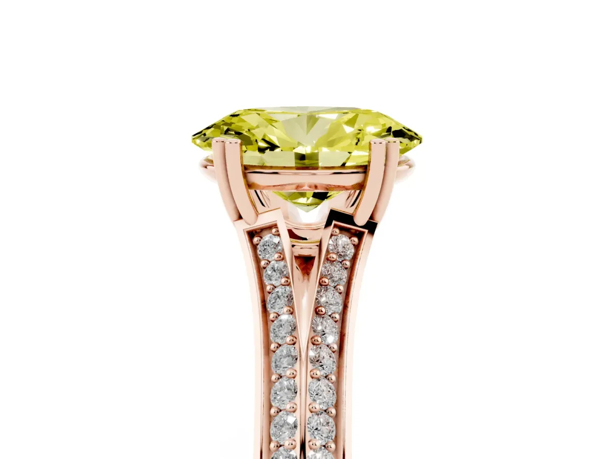 Fancy Yellow Oval Cut Diamond Split Shank Engagement Ring with Pavé Band Rose gold