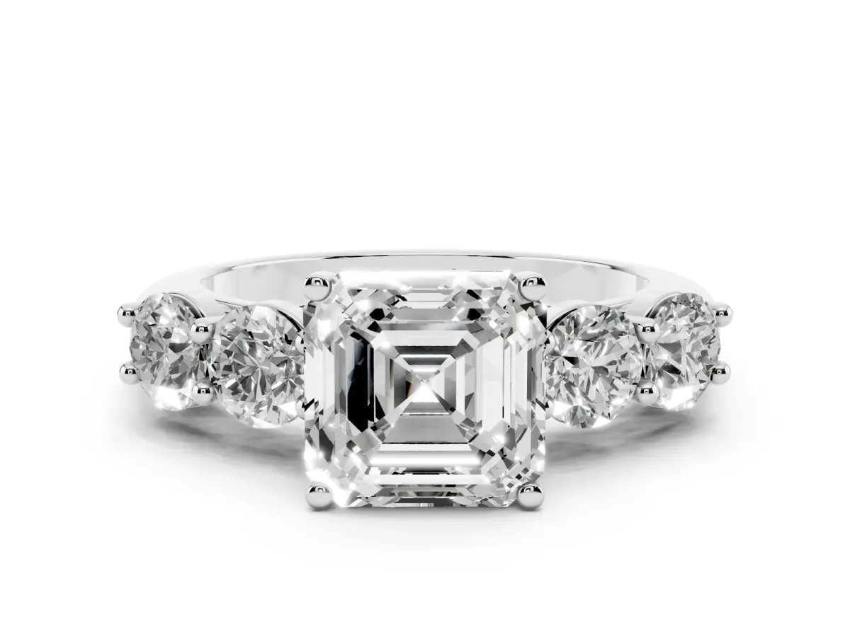 Asscher Cut Cut Five-Stone Prong Set Diamond Ring with Classic Band White gold