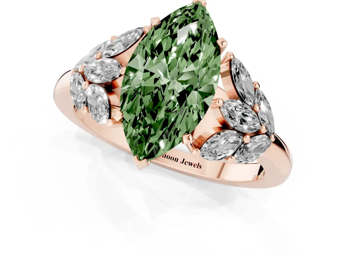Fancy Green Marquise Cut Diamond Cluster Leaf Design Ring with Prong Setting Rose gold