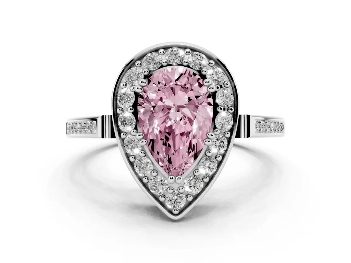 Fancy Pink Pear Cut Diamond Halo Ring with Split Shank and Four-Prong Setting Platinum