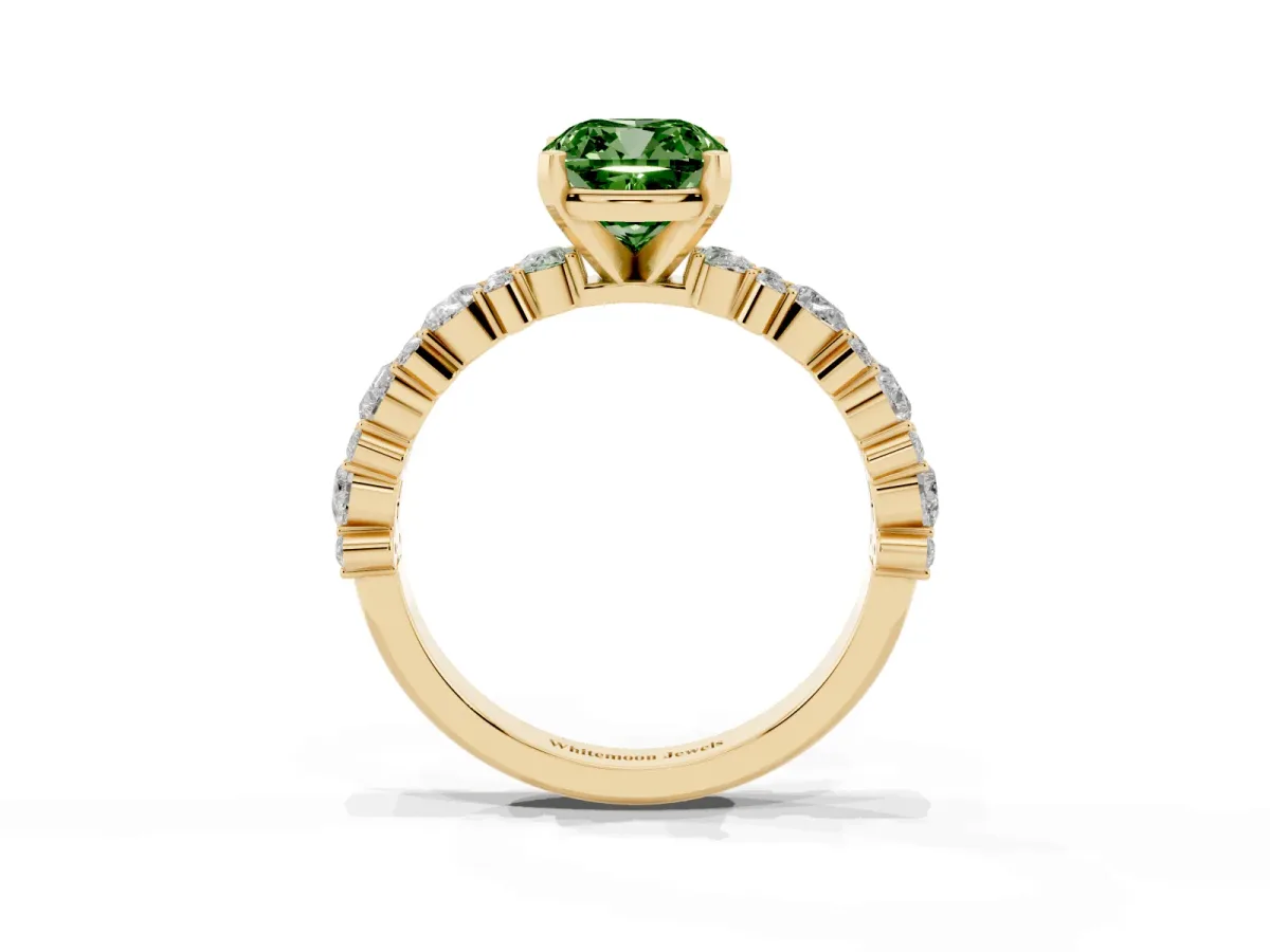 Fancy Green Cushion Cut Diamond Side Stone Solitaire Ring with Round and Four-Prong Setting Yellow gold