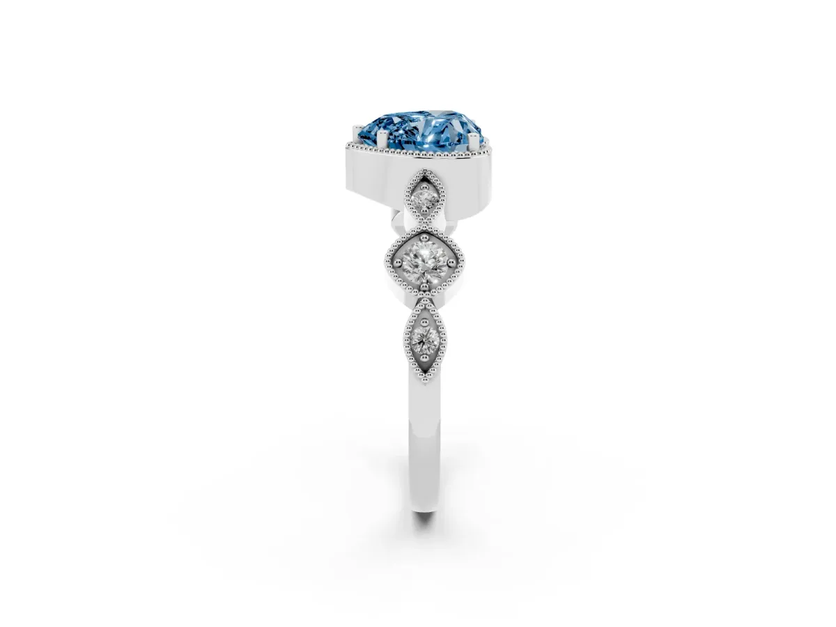 Fancy Blue Heart Cut Diamond Vintage Milgrain Ring with Round Stations Silver