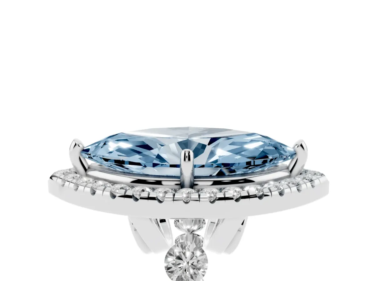 Fancy Blue Marquise Cut Halo Pavé Diamond Engagement Ring with Four-Prong Setting Platinum