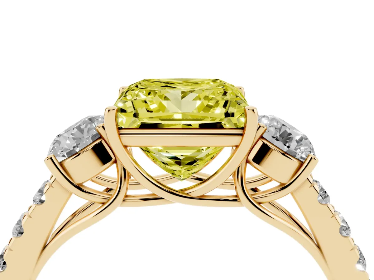 Fancy Yellow Princess Cut Cut Diamond Three-Stone Ring with Round Side Stones and Pavé Band Yellow gold