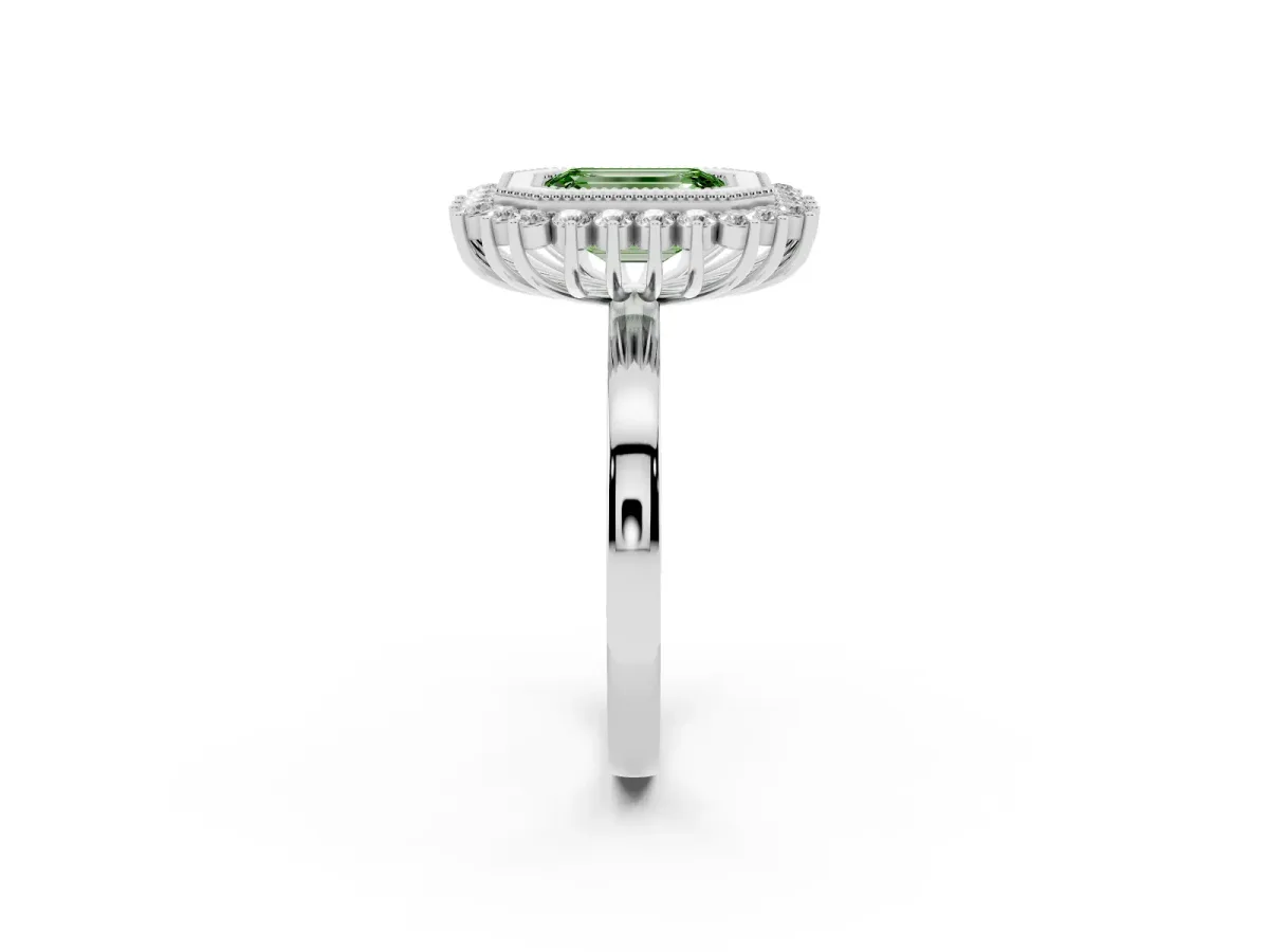 Fancy Green Emerald Cut Halo Diamond Ring with Milgrain Edge and Round Prong Setting Silver