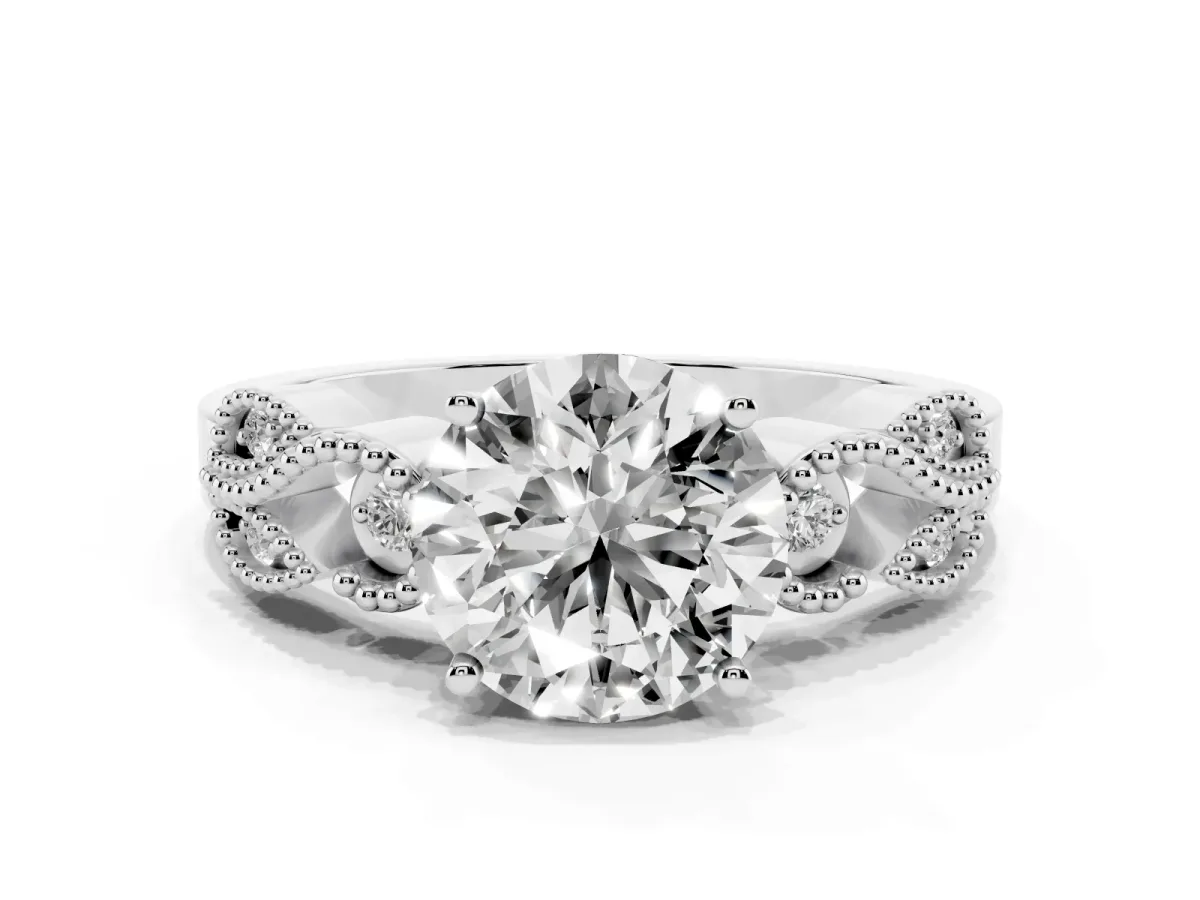 Round Cut Solitaire Milgrain Leaf Band with Prong Setting Silver