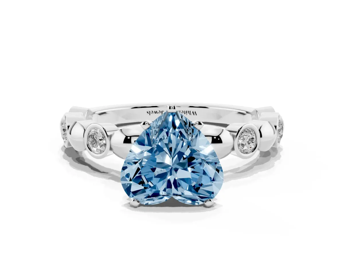 Fancy Blue Heart Cut Solitaire Bezel-Set Diamond Ring with Beaded Band and Four-Prong Setting Silver