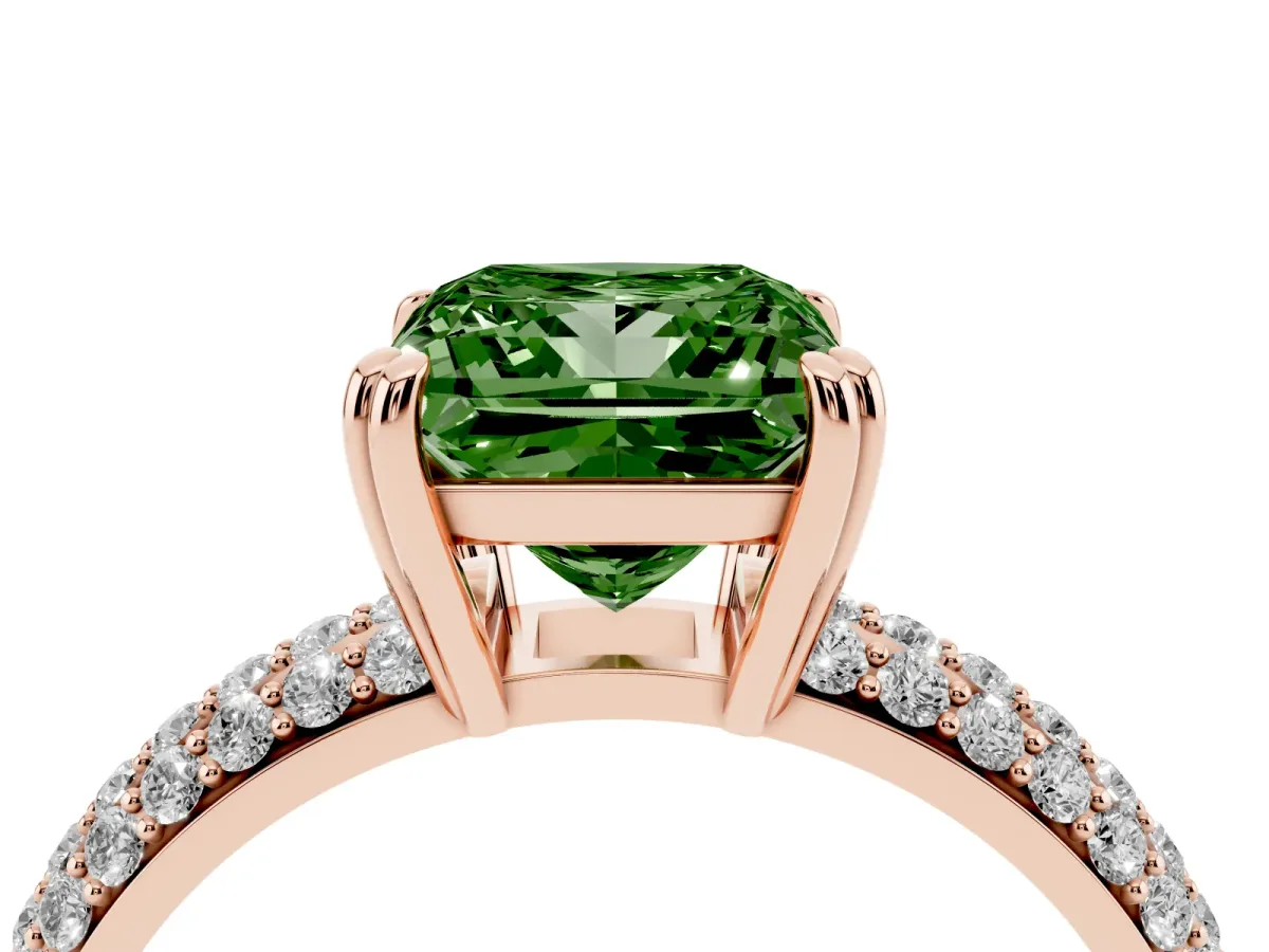 Fancy Green Princess Cut Diamond Solitaire Ring with Multi-Row Round Pavé Band and Prong Setting Rose gold