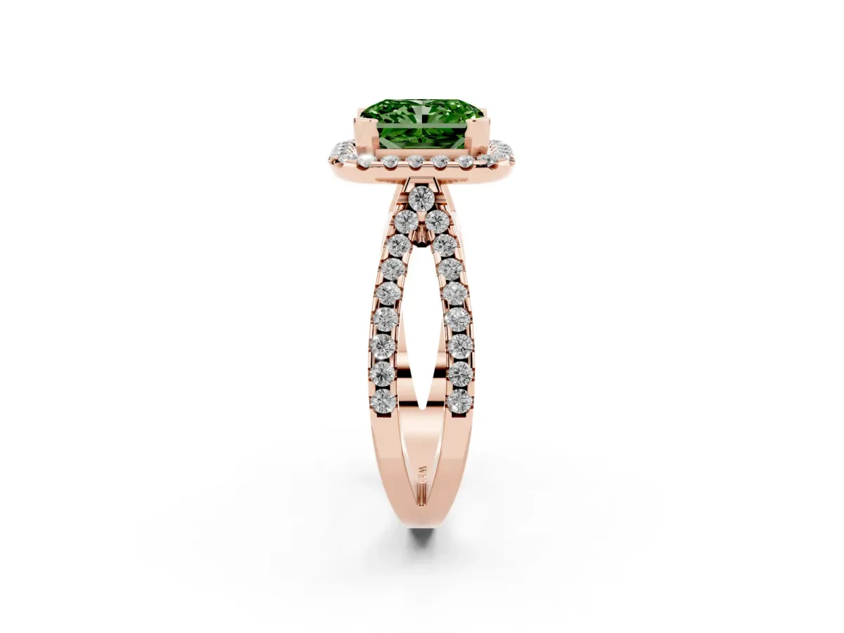 Fancy Green Radiant Cut Diamond Halo Ring with Split Shank Pavé Band and Prong Setting Rose gold