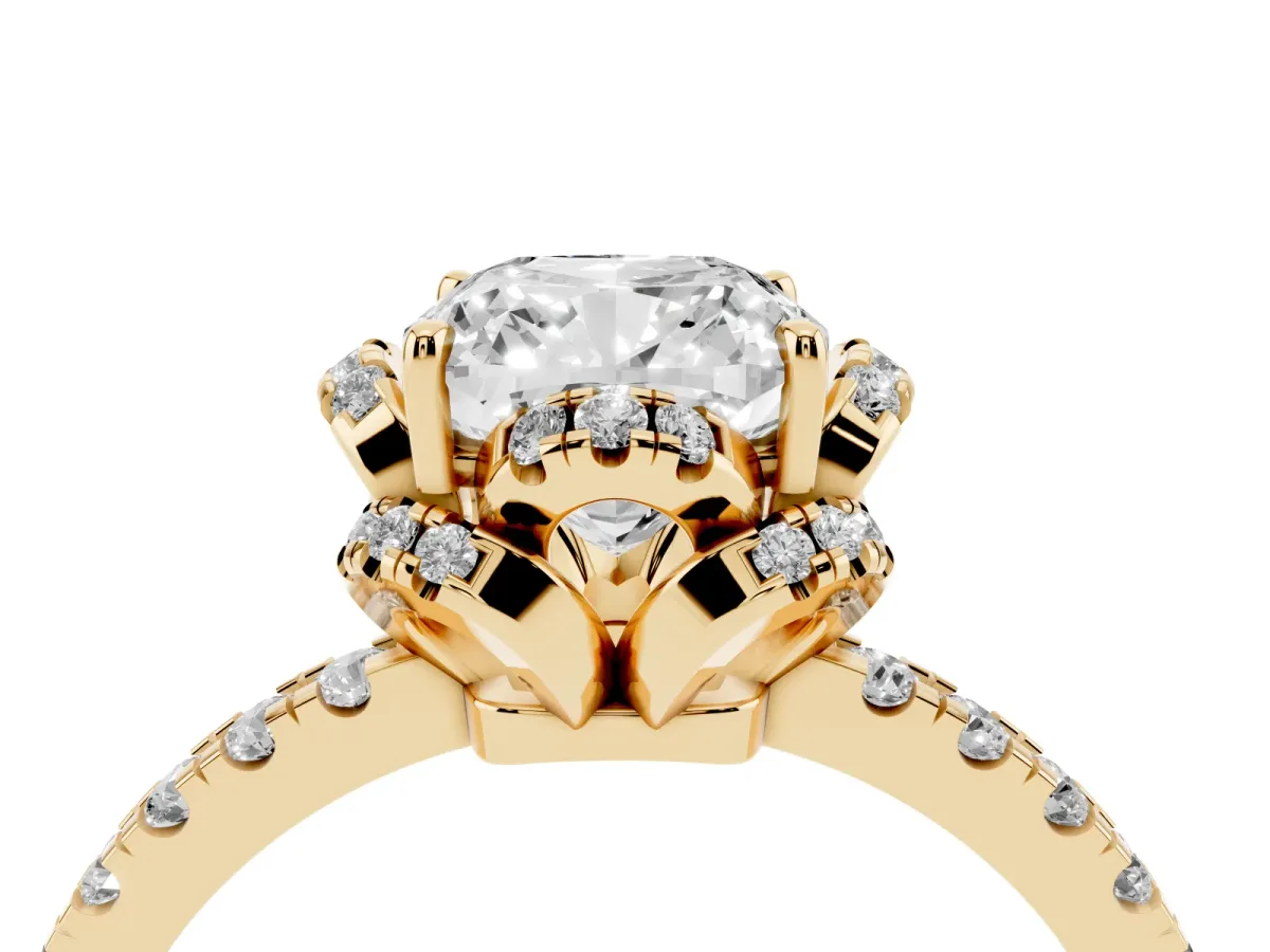 Cushion Cut Halo Diamond Pave Band Ring with Four-Prong Setting Yellow gold