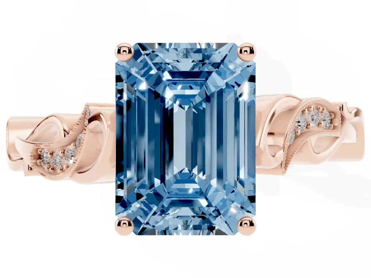 Fancy Blue Emerald Cut Solitaire Vine Band with Milgrain Prong Setting Rose gold