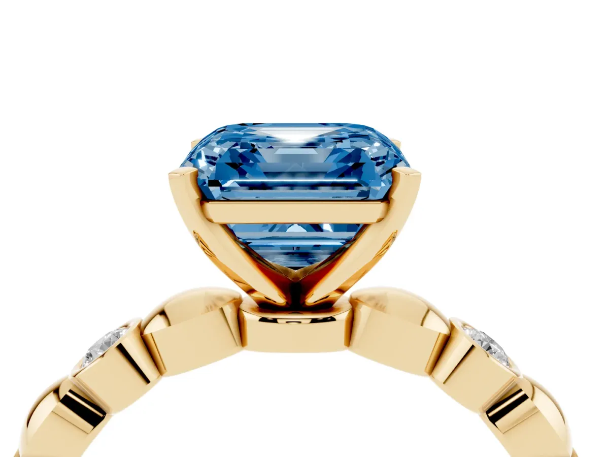 Fancy Blue Asscher Cut Solitaire Bezel-Set Diamond Ring with Beaded Band and Four-Prong Setting Yellow gold