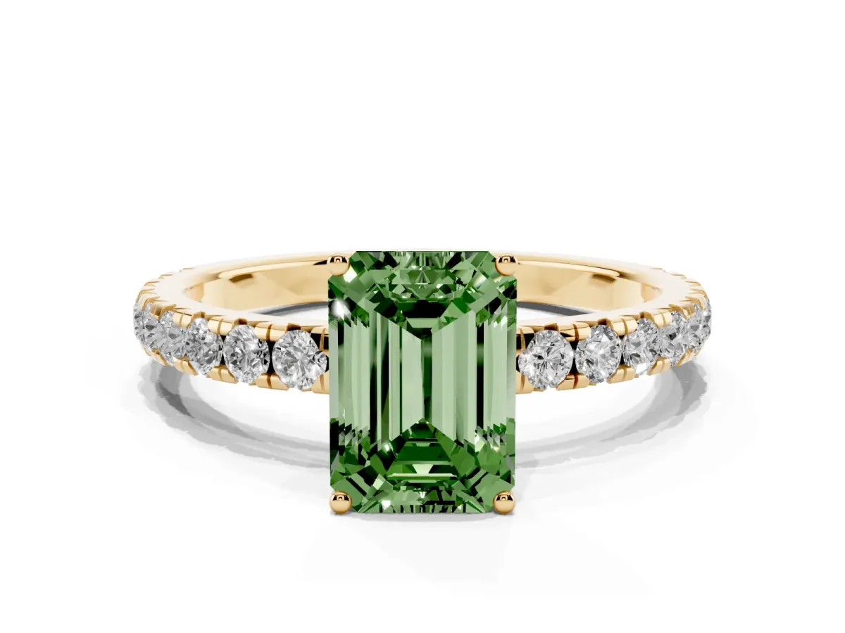 Fancy Green Emerald Cut Diamond Pavé Solitaire Engagement Ring with Four-Prong Setting Yellow gold