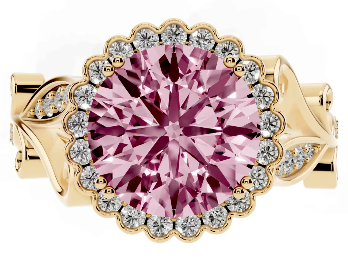 Fancy Pink Round Cut Diamond Halo Ring with Vintage Split Shank and Four-Prong Setting Yellow gold