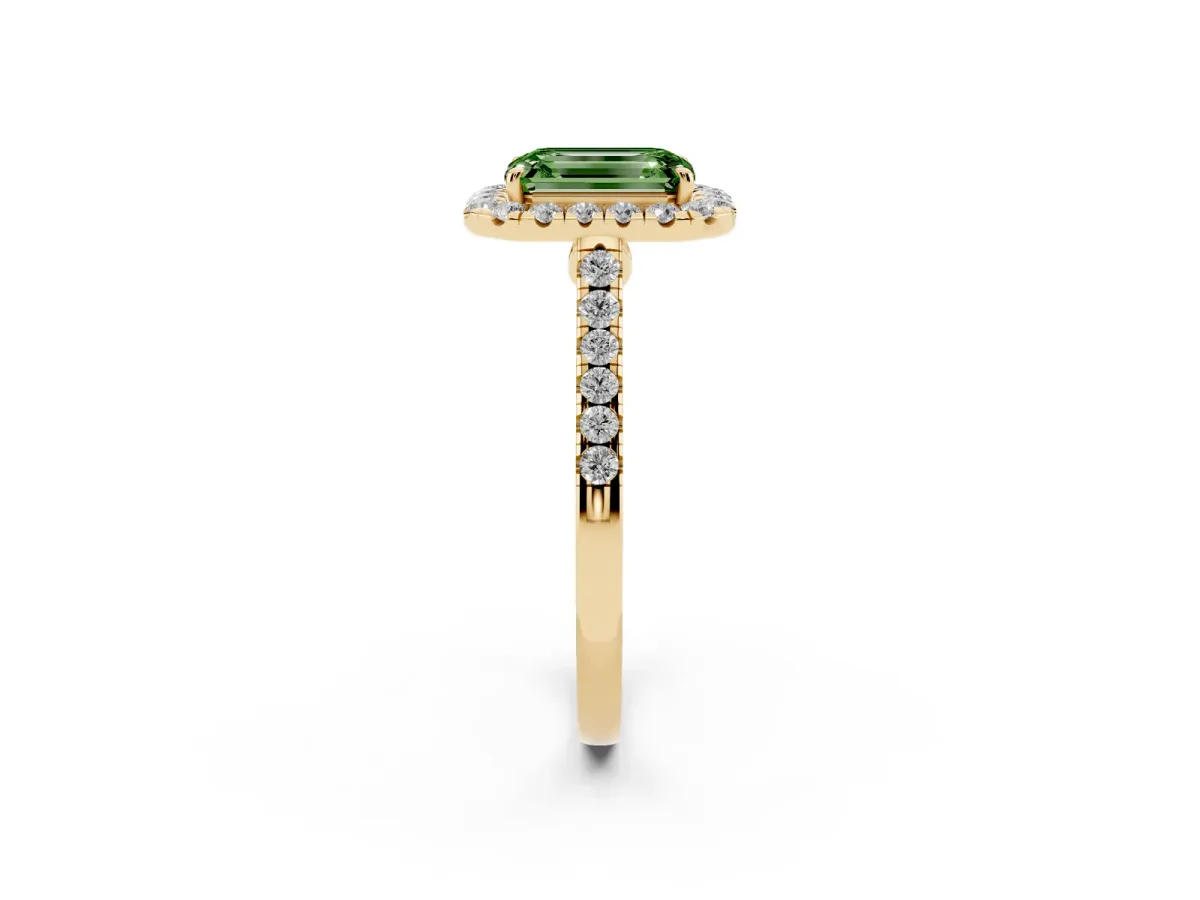 Fancy Green Emerald Cut Halo Pave Diamond Engagement Ring with Four-Prong Setting Yellow gold