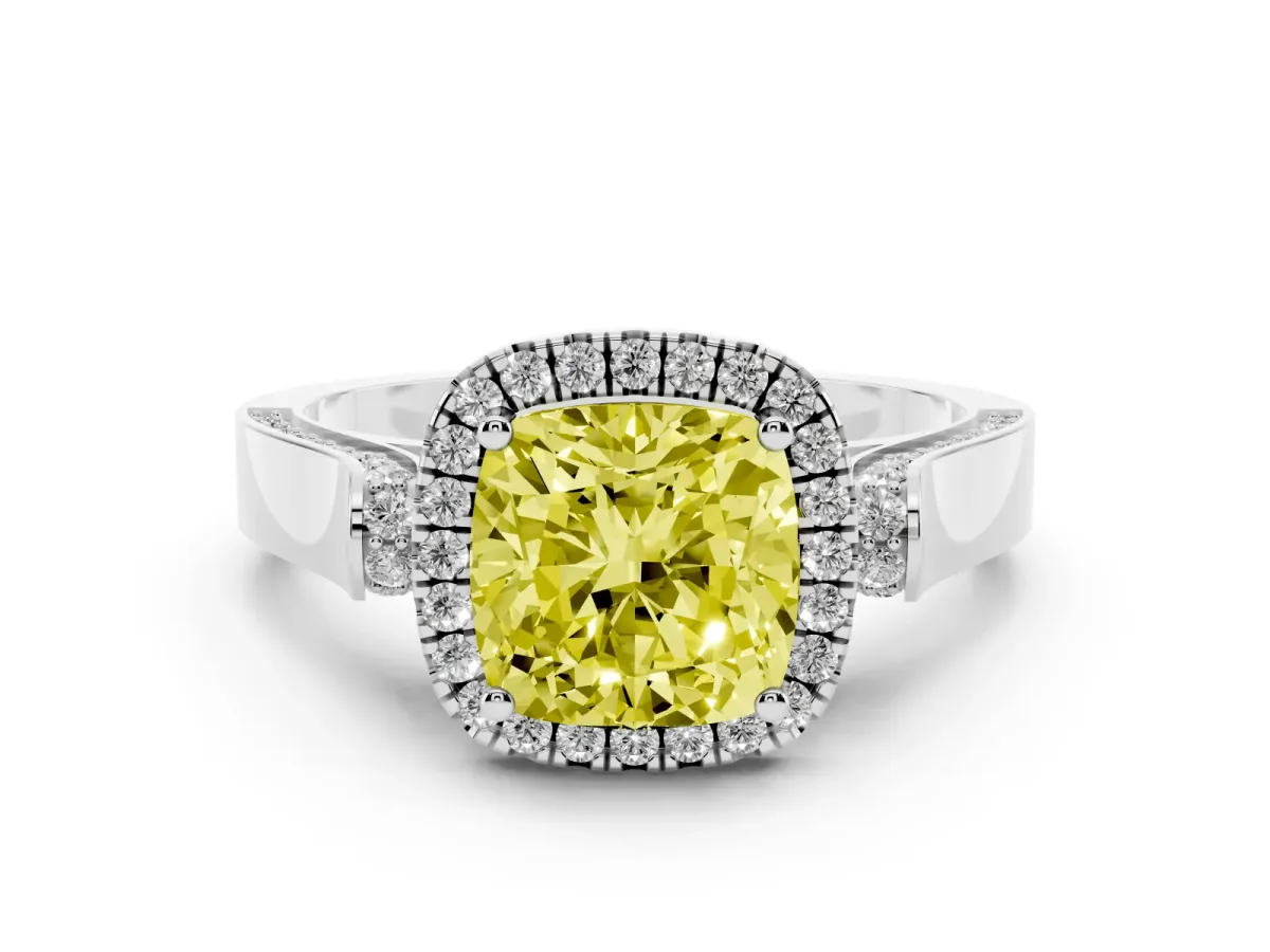 Fancy Yellow Cushion Cut Halo Pave Split Shank Prong Setting Ring Silver