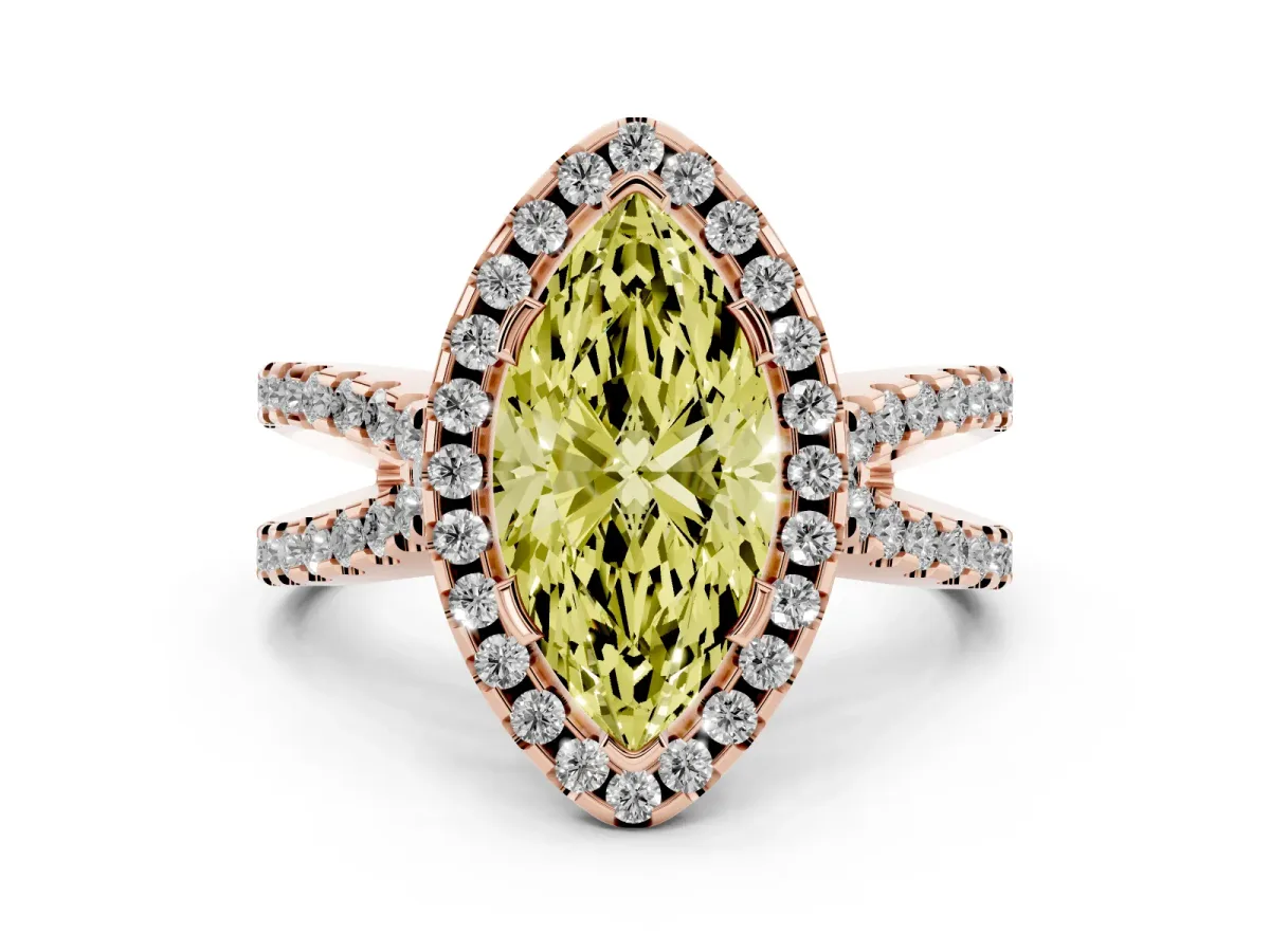 Fancy Yellow Marquise Cut Diamond Halo Ring with Split Shank Pavé Band and Prong Setting Rose gold