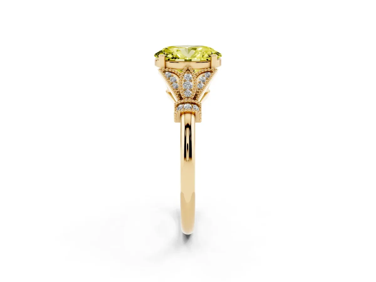 Fancy Yellow Oval Cut Diamond Solitaire Ring with Floral Filigree and Pave Accents Yellow gold