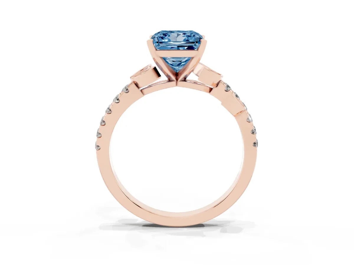 Fancy Blue Princess Cut Solitaire Leaf-Inspired Diamond Ring with Pavé Band and Four-Prong Setting Rose gold