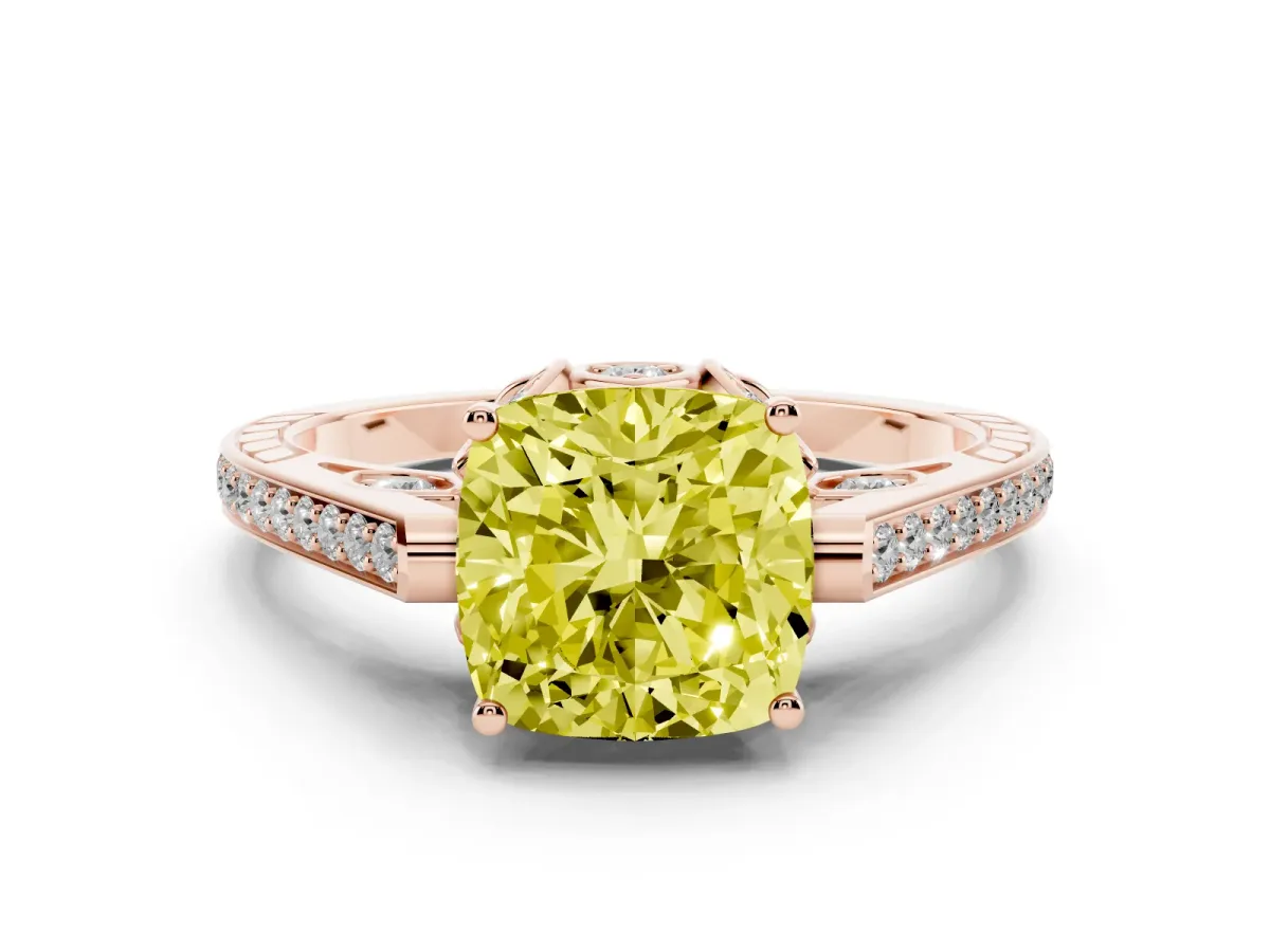 Fancy Yellow Cushion Cut Cut Cathedral Pave Diamond Engagement Ring with Six-Prong Setting Rose gold