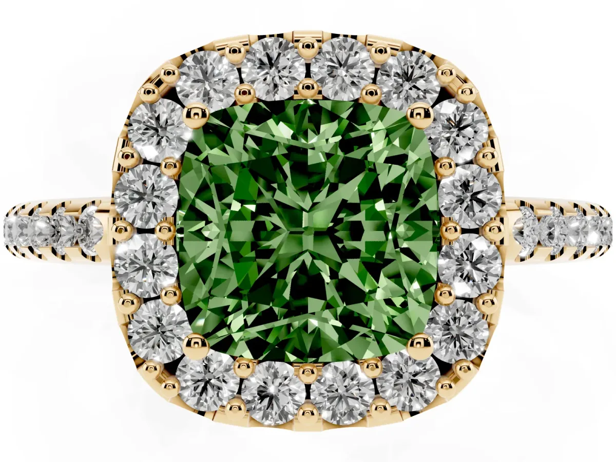 Fancy Green Cushion Cut Diamond Pavé Halo Ring with Four-Prong Setting Yellow gold