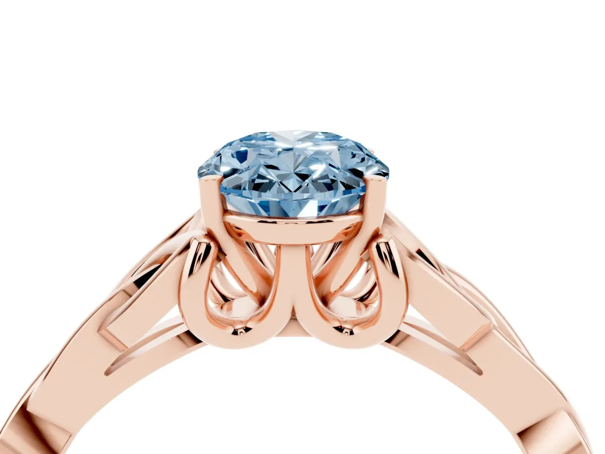 Fancy Blue Oval Cut Diamond Solitaire Engagement Ring with Celtic Knot Band and Four-Prong Setting Rose gold