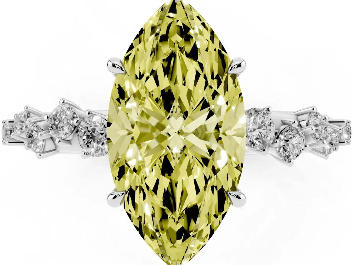 Fancy Yellow Marquise Cut Diamond Cluster Side Stone Solitaire Ring with Prong Setting Platinum