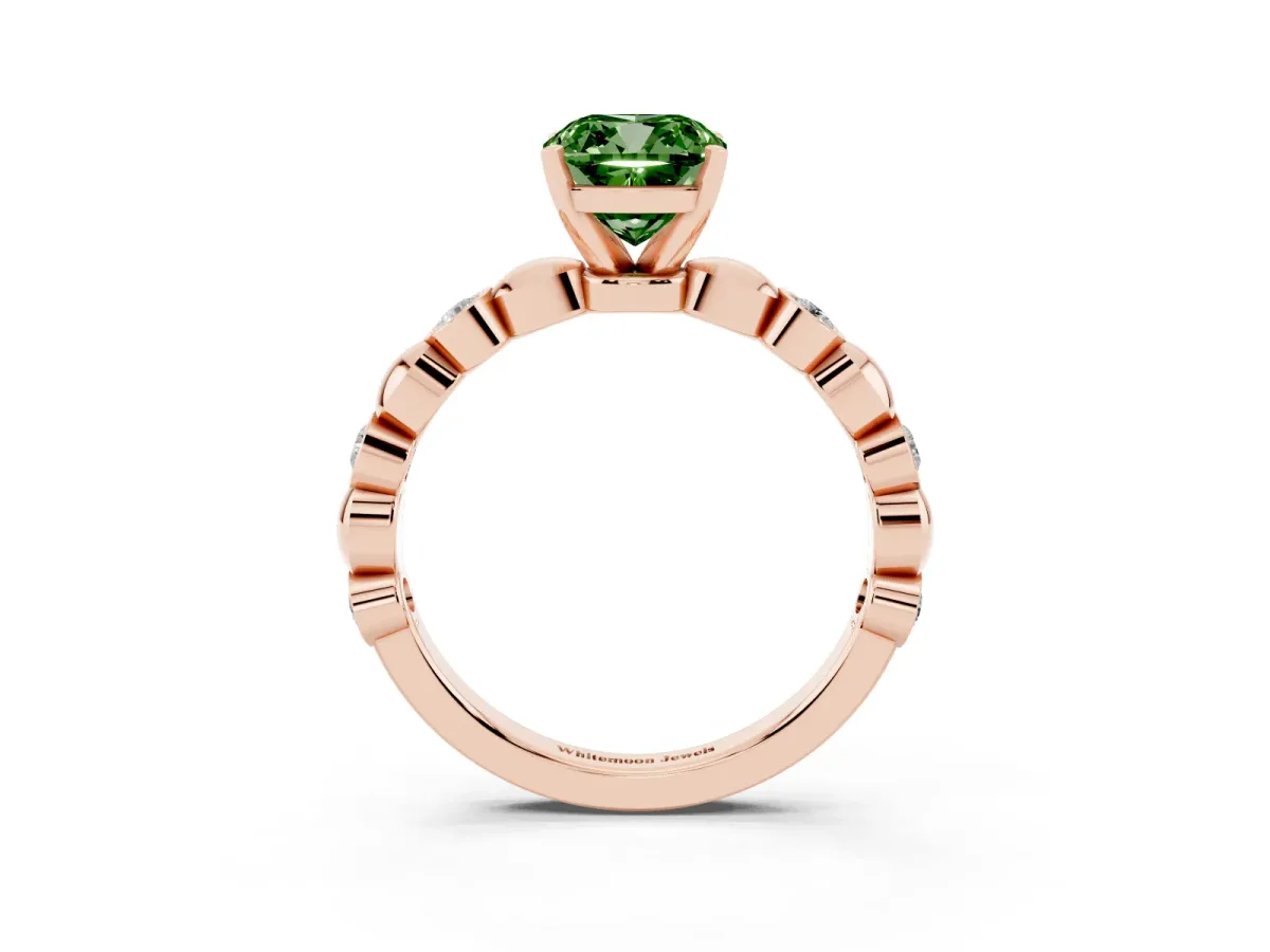 Fancy Green Cushion Cut Solitaire Bezel-Set Diamond Ring with Beaded Band and Four-Prong Setting Rose gold