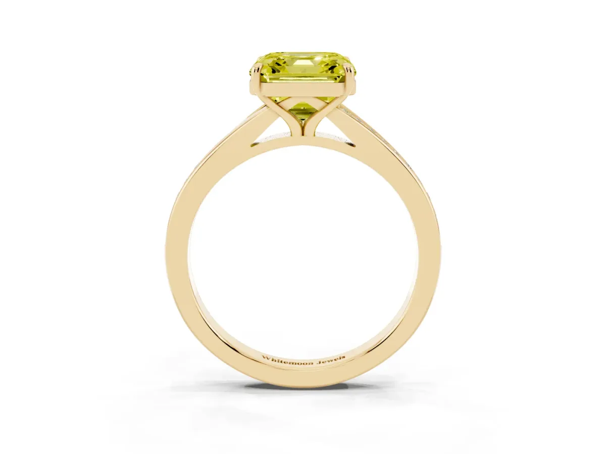 Fancy Yellow Asscher Cut Diamond Solitaire Ring with Pavé Band and Prong Setting Yellow gold