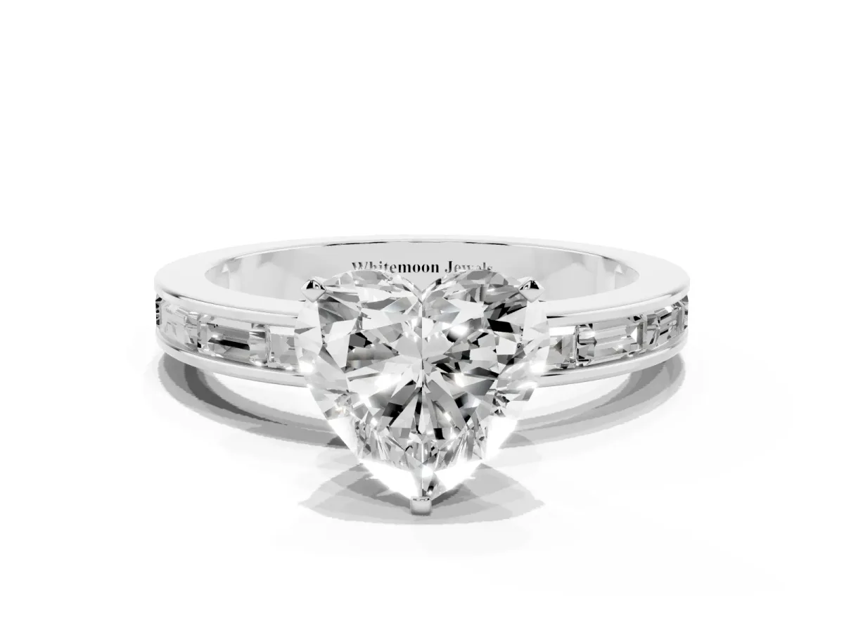Heart Cut Solitaire Diamond Ring with Channel-Set Baguette Band and Four-Prong Setting Platinum