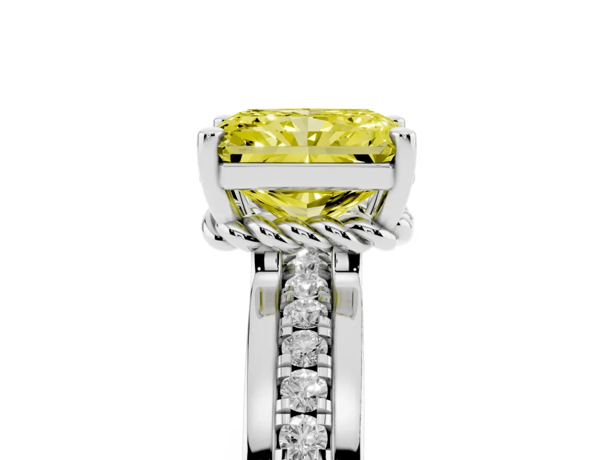 Fancy Yellow Radiant Cut Solitaire Diamond Ring with Channel Set Band and Six-Prong Setting White gold