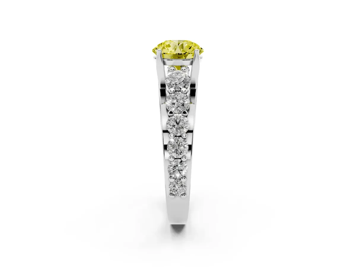 Fancy Yellow Round Cut Diamond Engagement Ring with Pavé Band and Four-Prong Setting Platinum