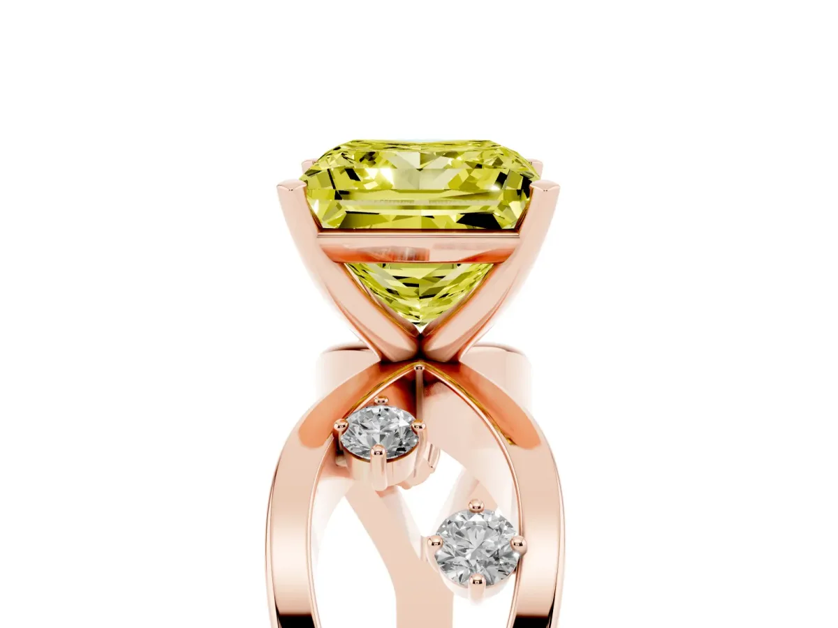 Fancy Yellow Princess Cut Cut Solitaire Diamond with Side Stones on Criss-Cross Band and Four-Prong Setting Rose gold