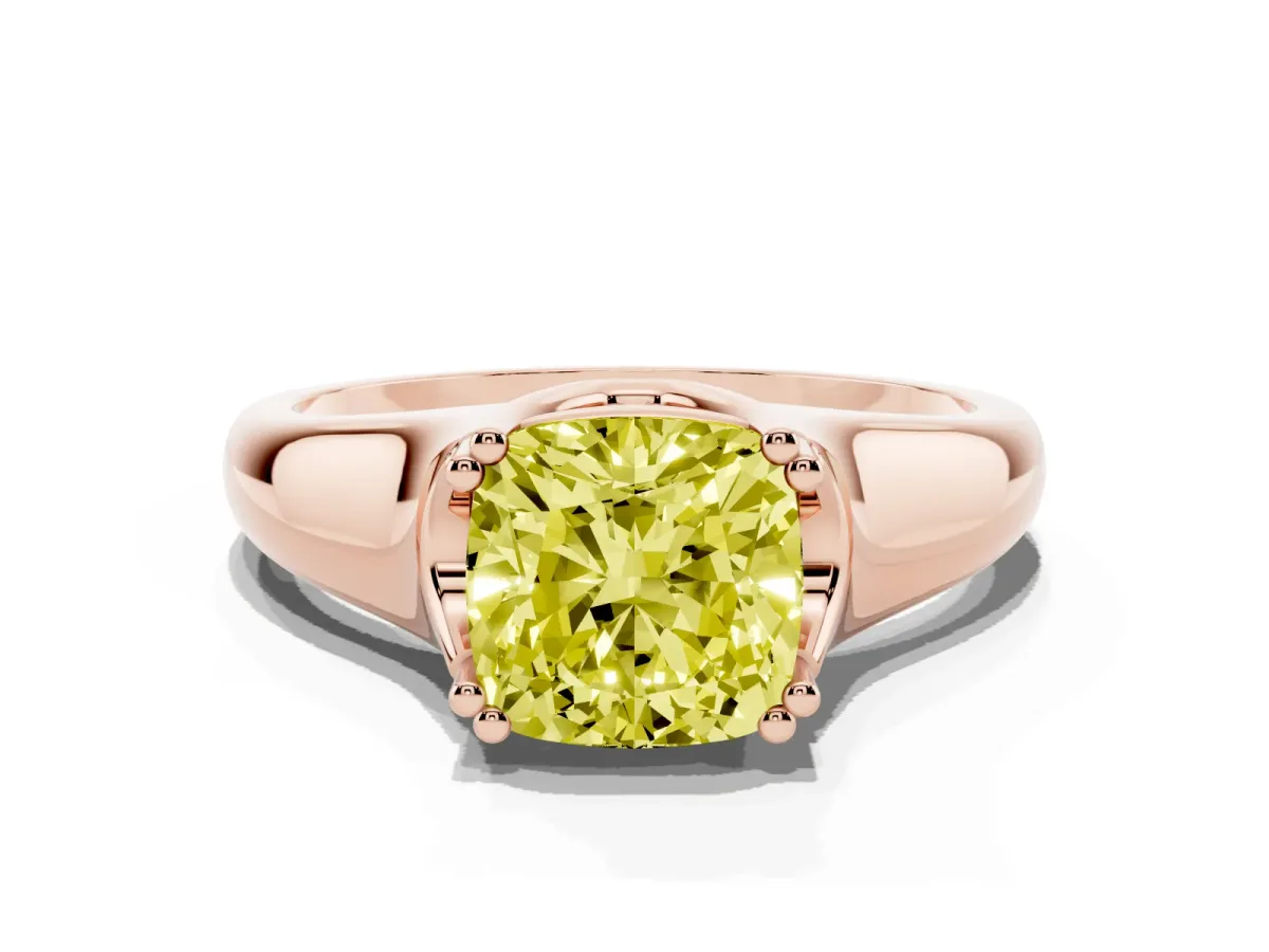 Fancy Yellow Cushion Cut Diamond Solitaire Ring with Wide Band and Prong Setting Rose gold