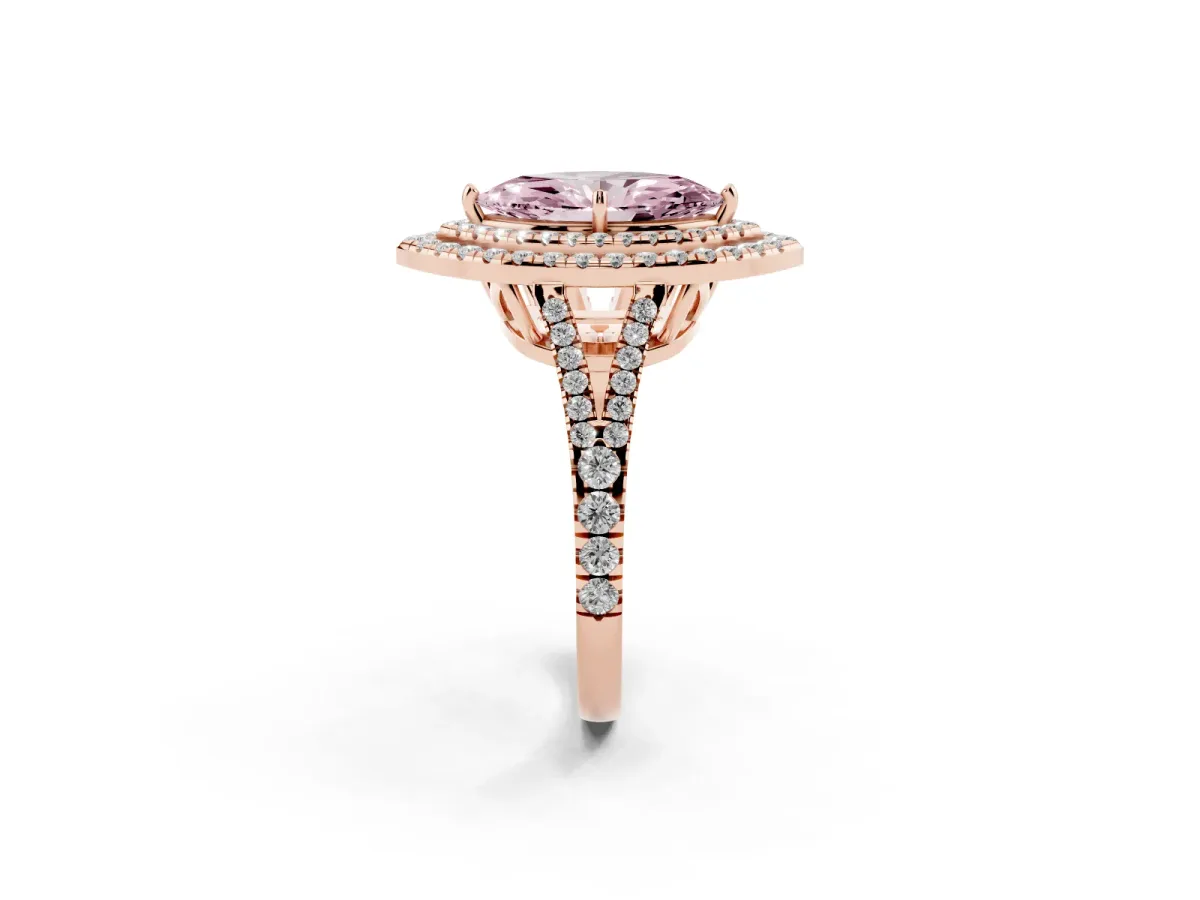 Fancy Pink Marquise Cut Diamond Double Halo Ring with Pavé Band and Prong Setting Rose gold