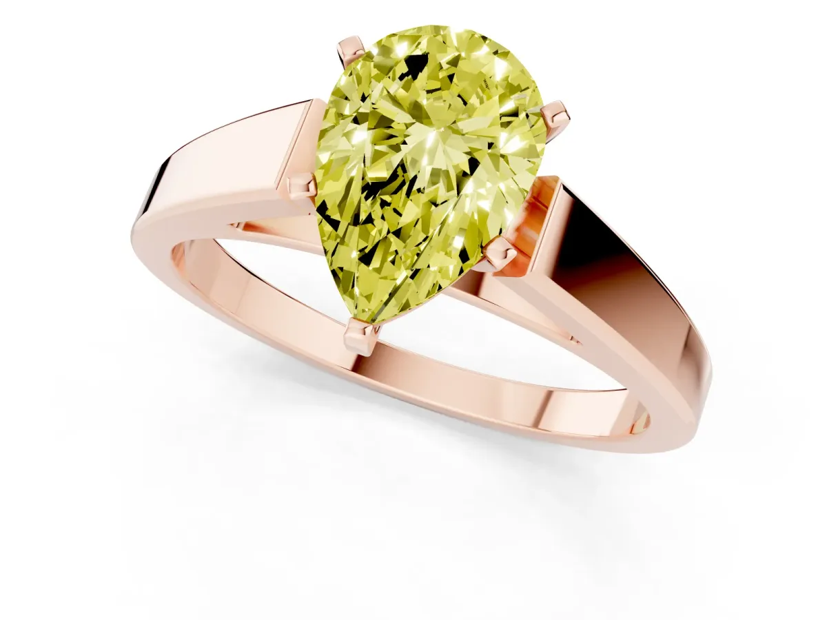 Fancy Yellow Pear Cut Solitaire Engagement Ring with Four-Prong Setting and Tapered Band Rose gold