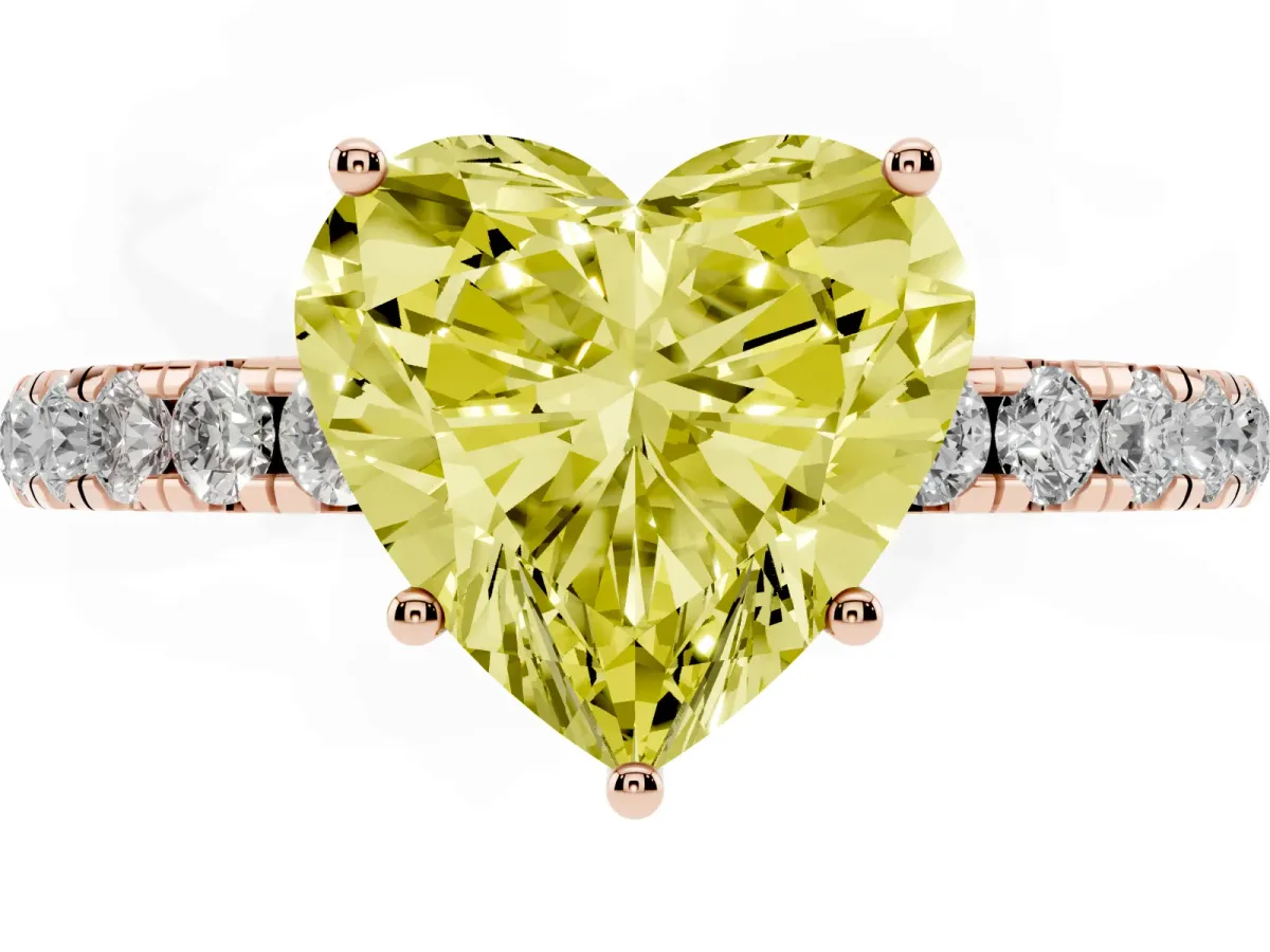 Fancy Yellow Heart Cut Diamond Pavé Solitaire Engagement Ring with Four-Prong Setting Rose gold