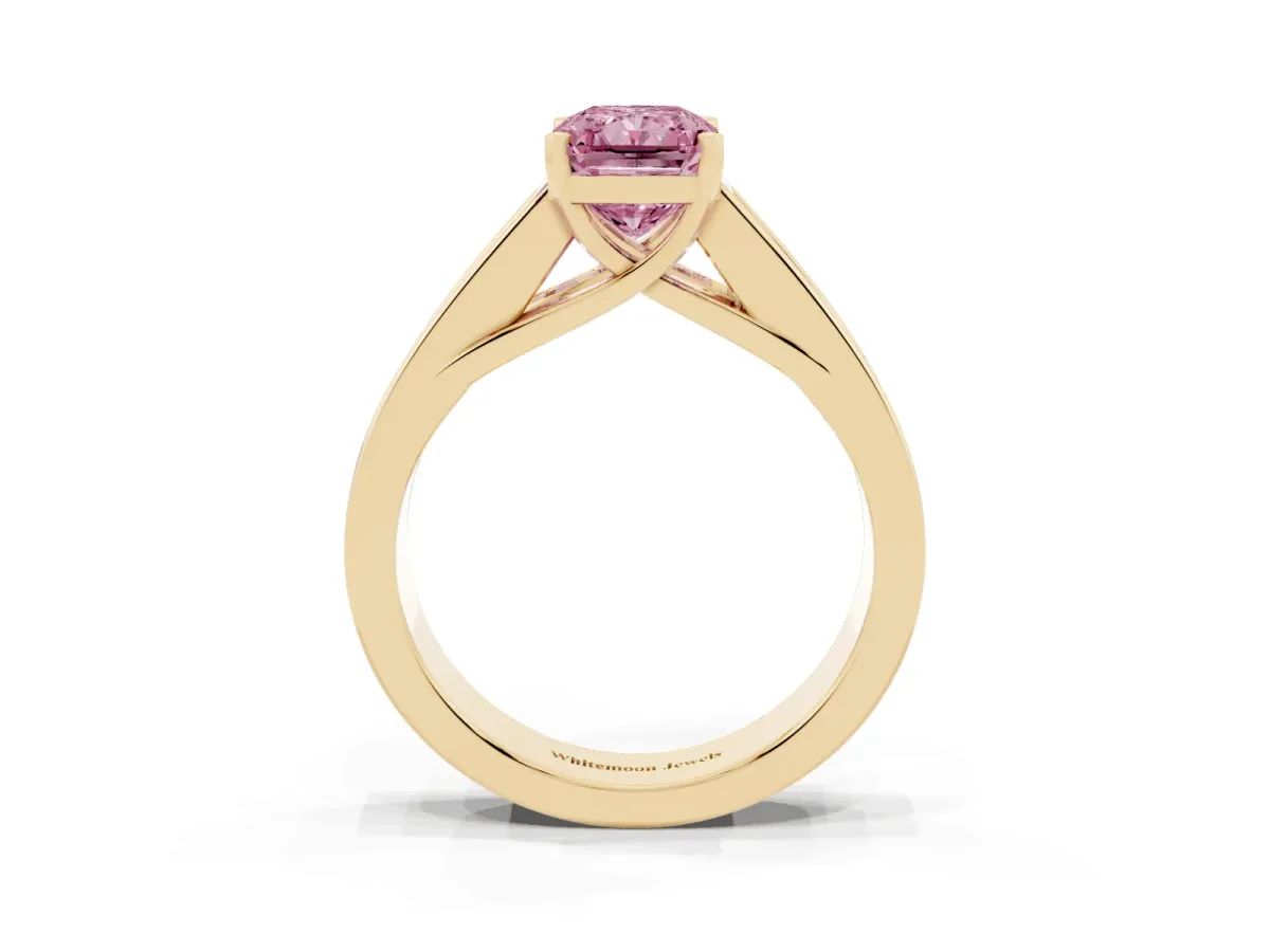 Fancy Pink Radiant Cut Cut Channel Set Solitaire Ring with Four-Prong Setting Yellow gold