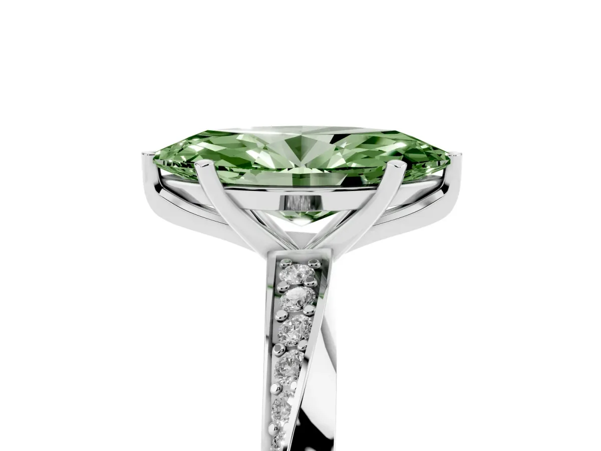Fancy Green Marquise Cut Diamond Engagement Ring with Side Stone Accents and Four-Prong Setting Silver