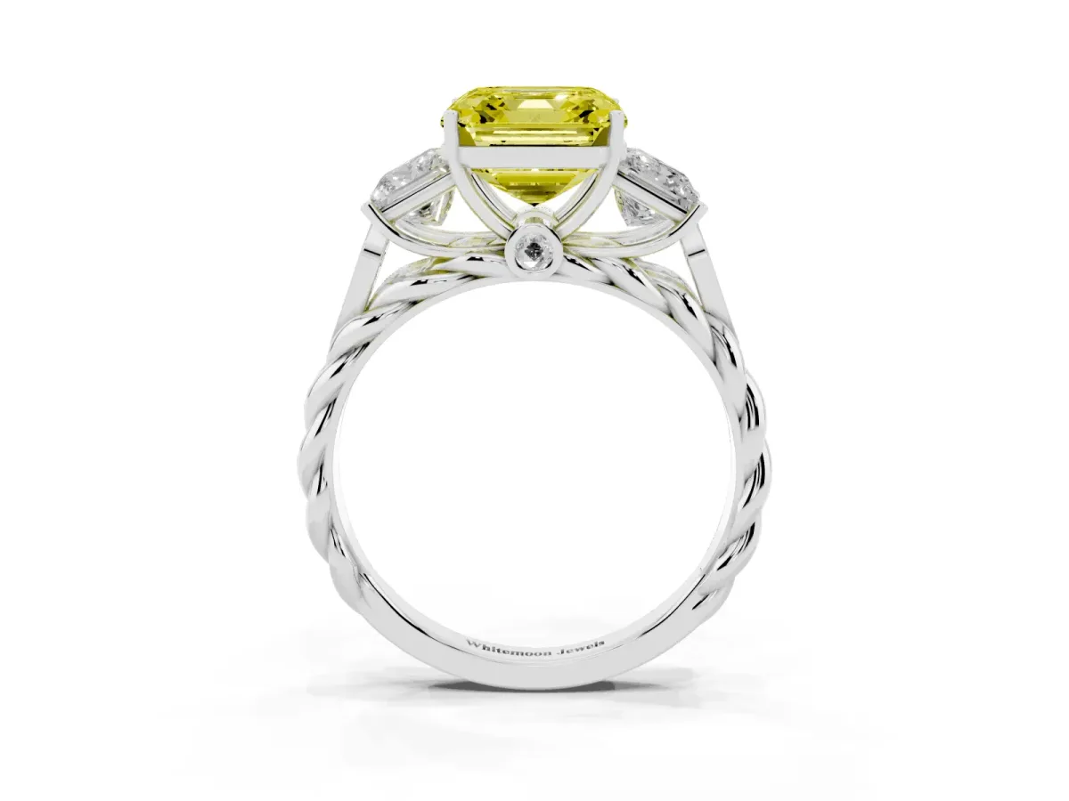 Fancy Yellow Three-Stone Asscher Cut Diamond Braided Band Ring with Four-Prong Setting Silver